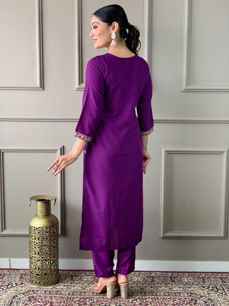 Women Purple Embroidered Kurta Pant Set with Printed Dupatta
