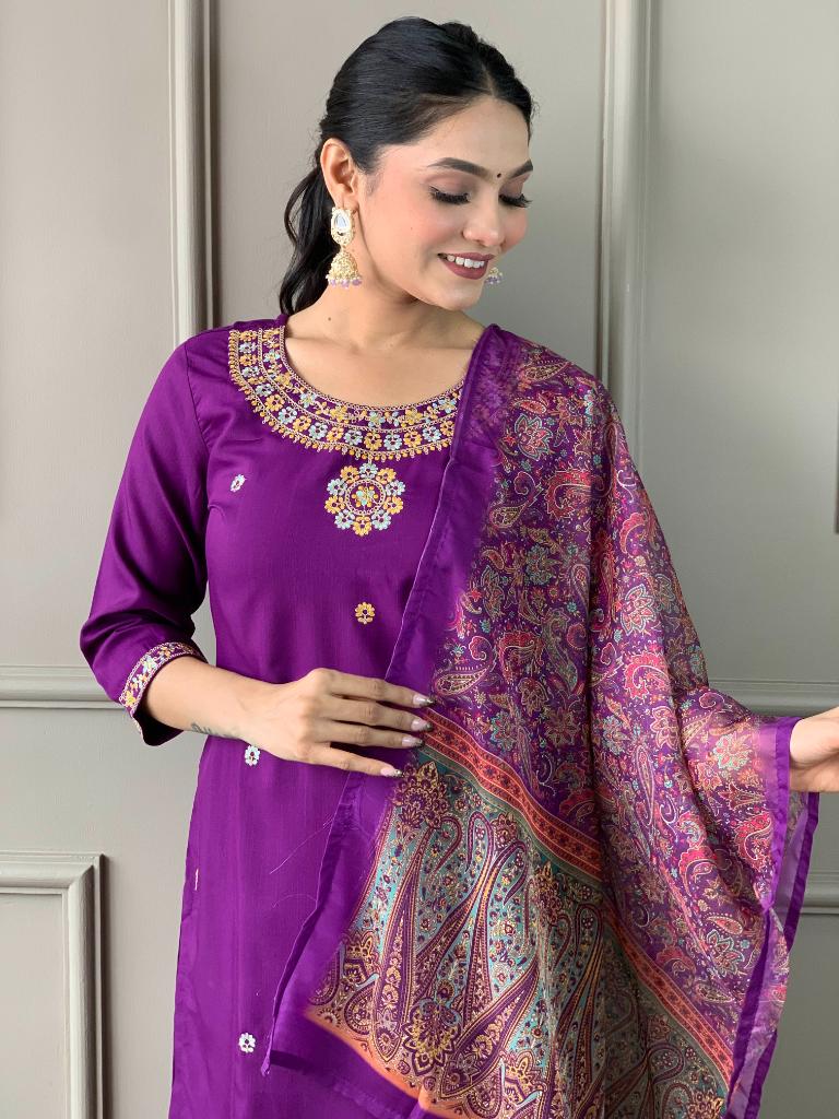 Women Purple Embroidered Kurta Pant Set with Printed Dupatta