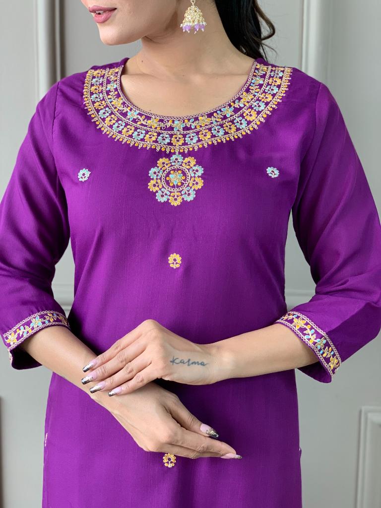 Women Purple Embroidered Kurta Pant Set with Printed Dupatta