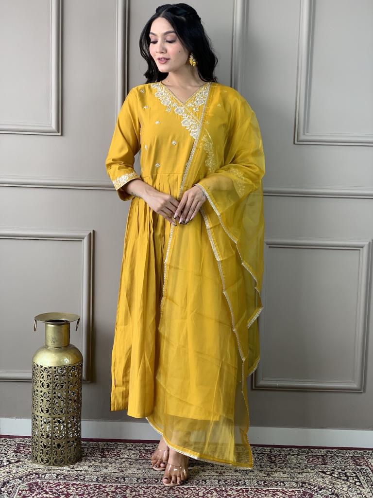 Women Mustard Yellow Embroidered Kurta Pant Set with Organza Dupatta