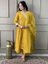 Women Mustard Yellow Embroidered Kurta Pant Set with Organza Dupatta
