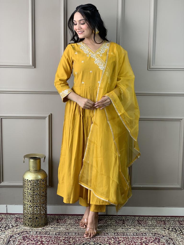 Women Mustard Yellow Embroidered Kurta Pant Set with Organza Dupatta