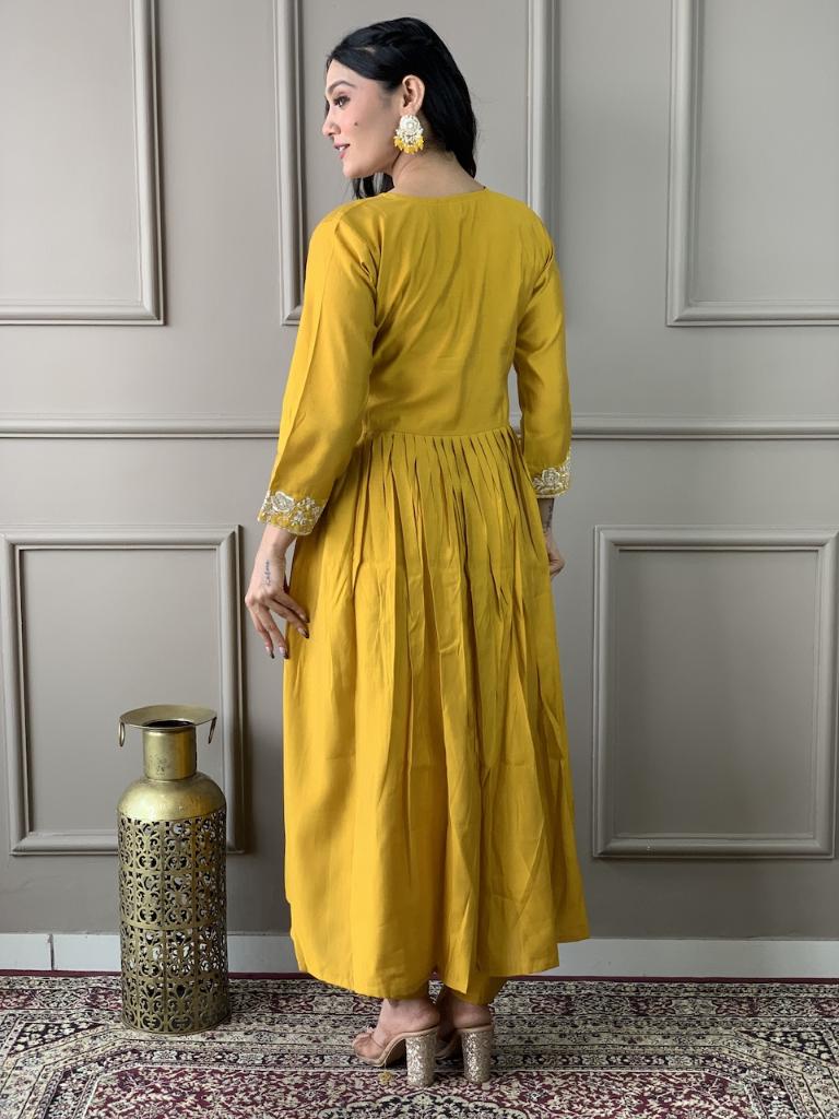 Women Mustard Yellow Embroidered Kurta Pant Set with Organza Dupatta