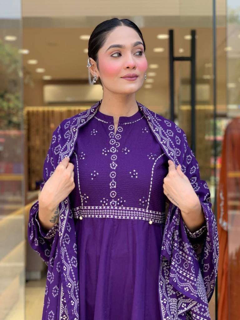 Women Purple Printed Anarkali Kurta Set with Dupatta
