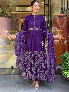 Women Purple Printed Anarkali Kurta Set with Dupatta