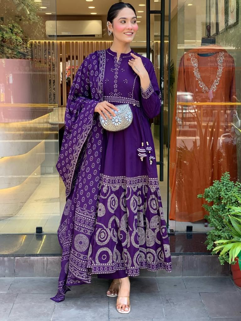 Women Purple Printed Anarkali Kurta Set with Dupatta
