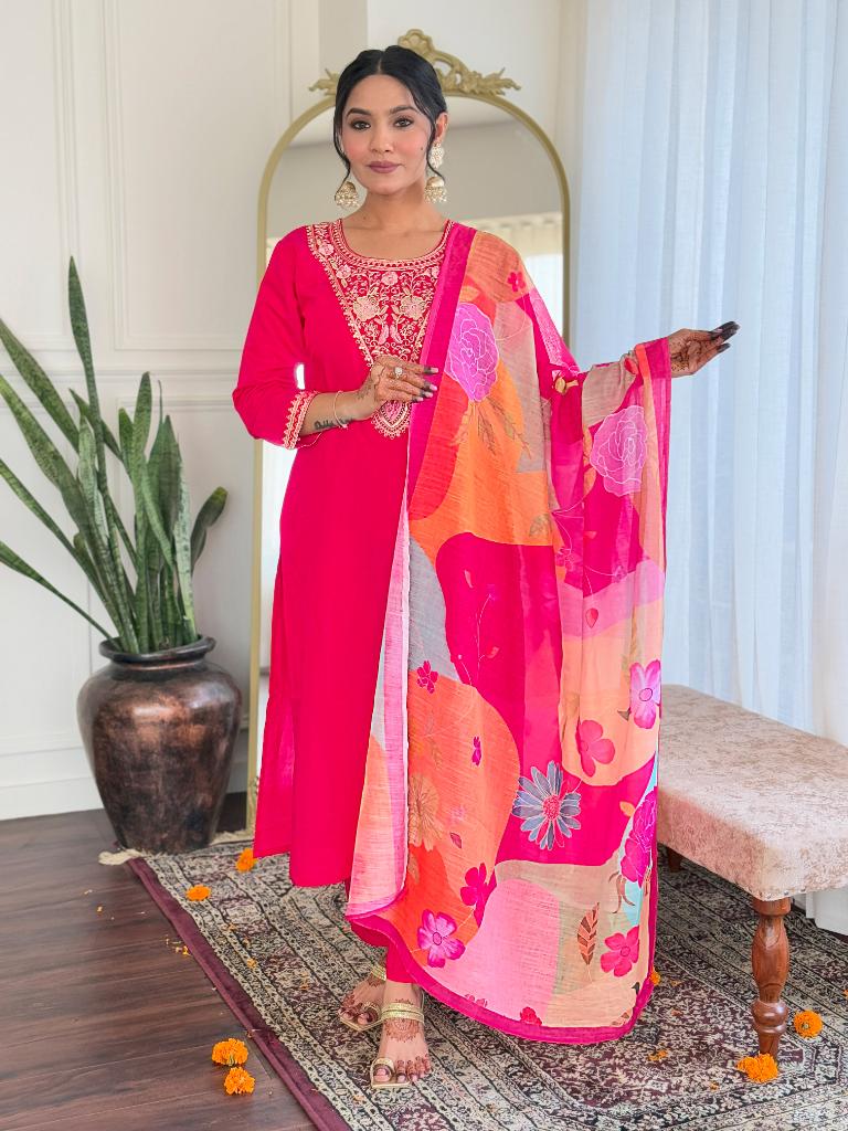 Women Pink Embroidered Kurta Pant Set with Floral Printed Dupatta