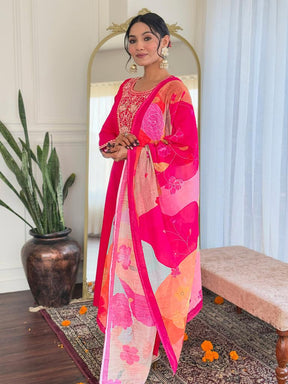 Women Pink Embroidered Kurta Pant Set with Floral Printed Dupatta