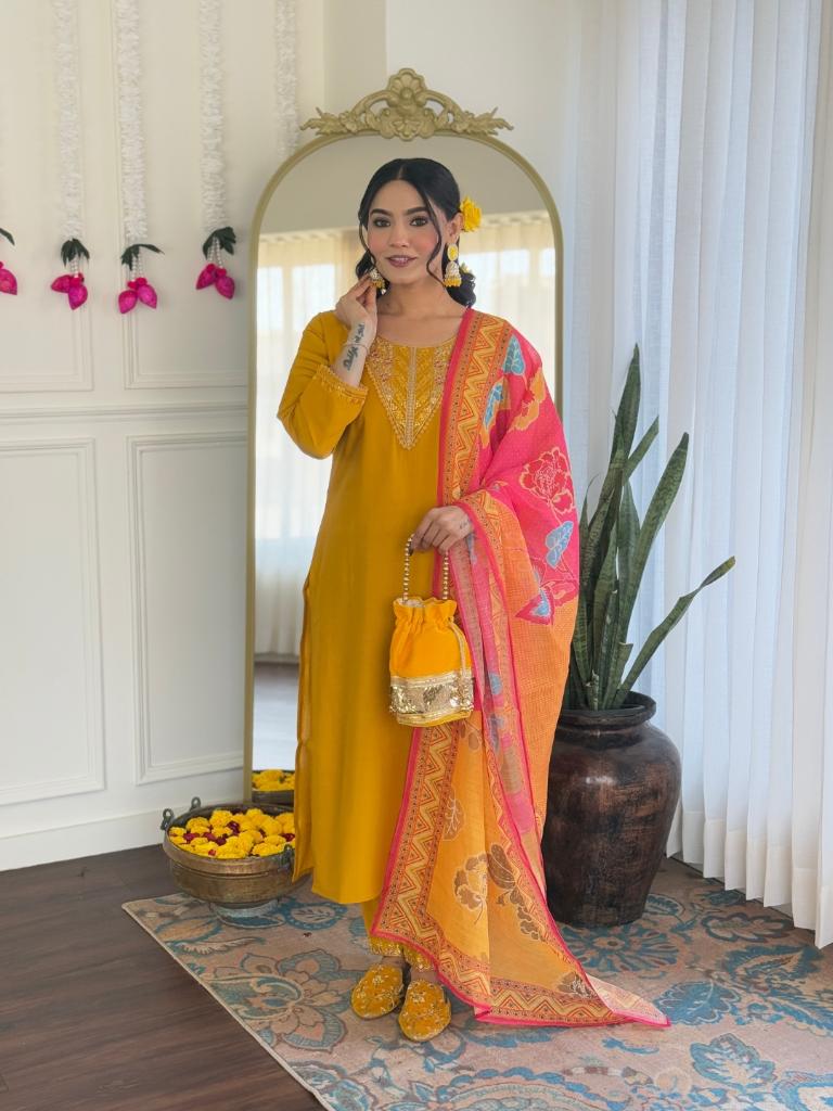 Women Mustard Yellow Embroidered Kurta Pant Set with Printed Dupatta