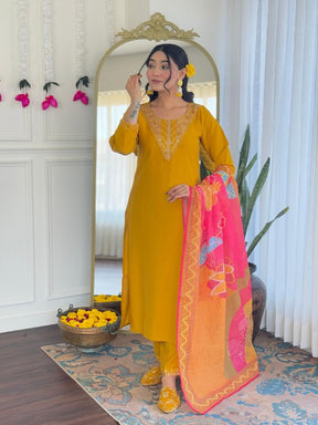 Women Mustard Yellow Embroidered Kurta Pant Set with Printed Dupatta