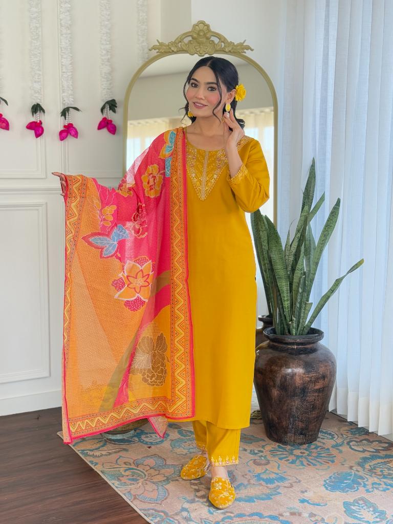 Women Mustard Yellow Embroidered Kurta Pant Set with Printed Dupatta