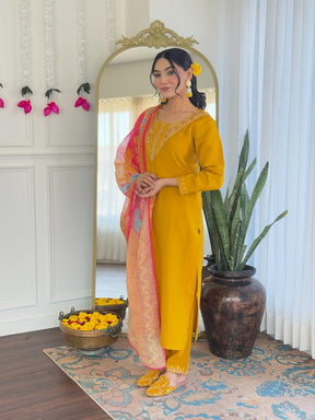 Women Mustard Yellow Embroidered Kurta Pant Set with Printed Dupatta