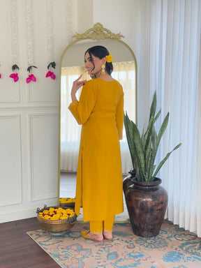 Women Mustard Yellow Embroidered Kurta Pant Set with Printed Dupatta