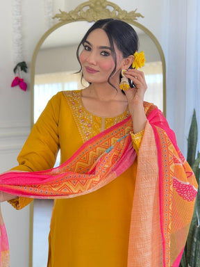 Women Mustard Yellow Embroidered Kurta Pant Set with Printed Dupatta