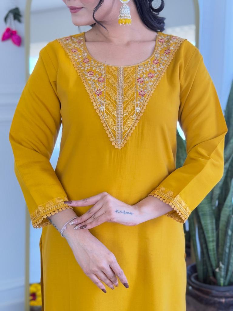 Women Mustard Yellow Embroidered Kurta Pant Set with Printed Dupatta