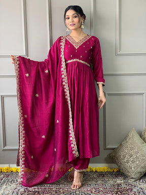 Women Pink Embroidered Anarkali Kurta Pant Set with Dupatta