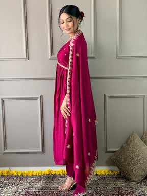 Women Pink Embroidered Anarkali Kurta Pant Set with Dupatta
