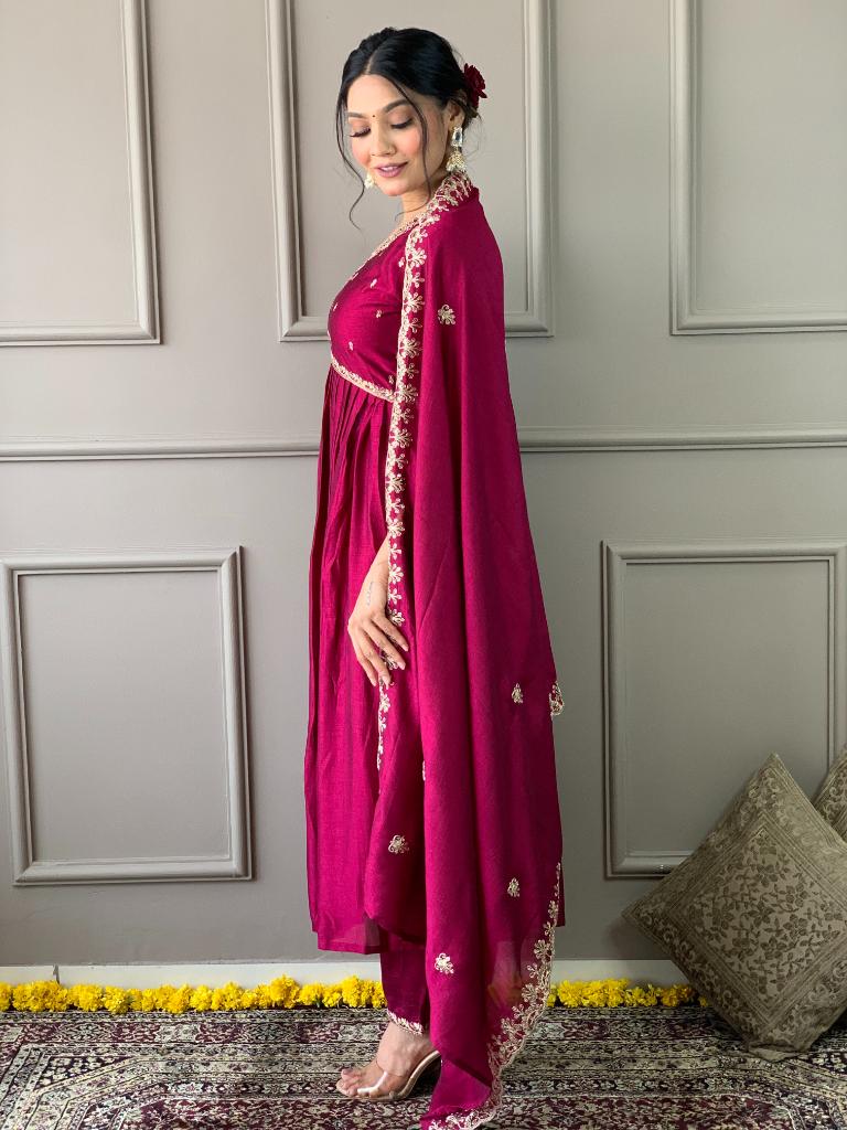 Women Pink Embroidered Anarkali Kurta Pant Set with Dupatta