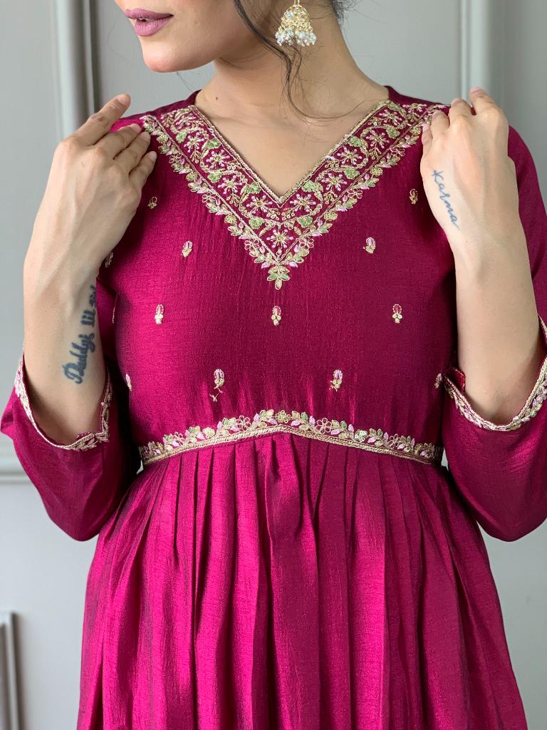 Women Pink Embroidered Anarkali Kurta Pant Set with Dupatta