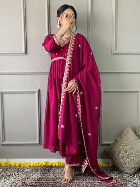 Women Pink Embroidered Anarkali Kurta Pant Set with Dupatta
