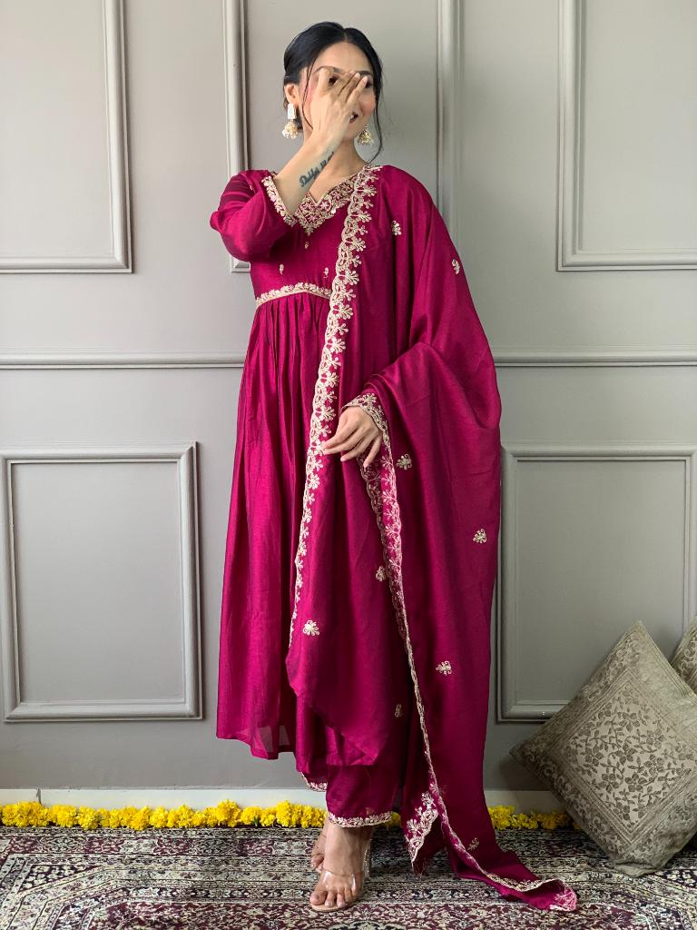 Women Pink Embroidered Anarkali Kurta Pant Set with Dupatta