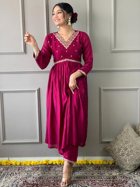 Women Pink Embroidered Anarkali Kurta Pant Set with Dupatta