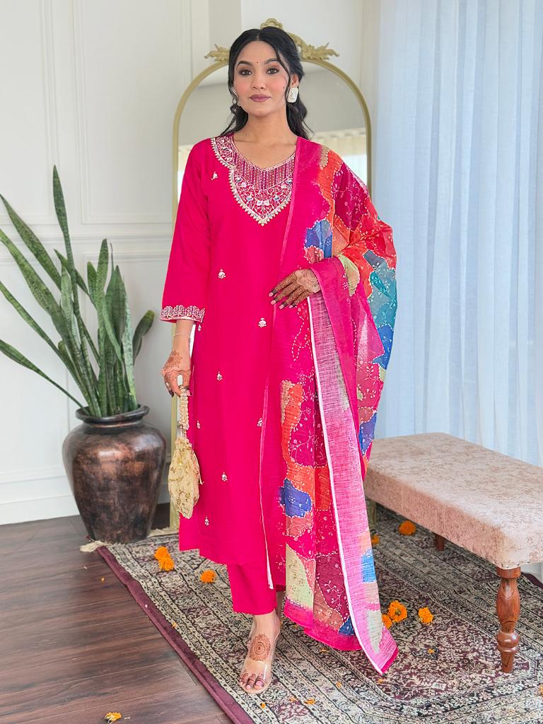 Women Fuchsia Pink Embroidered Kurta Pant Set with Printed Dupatta