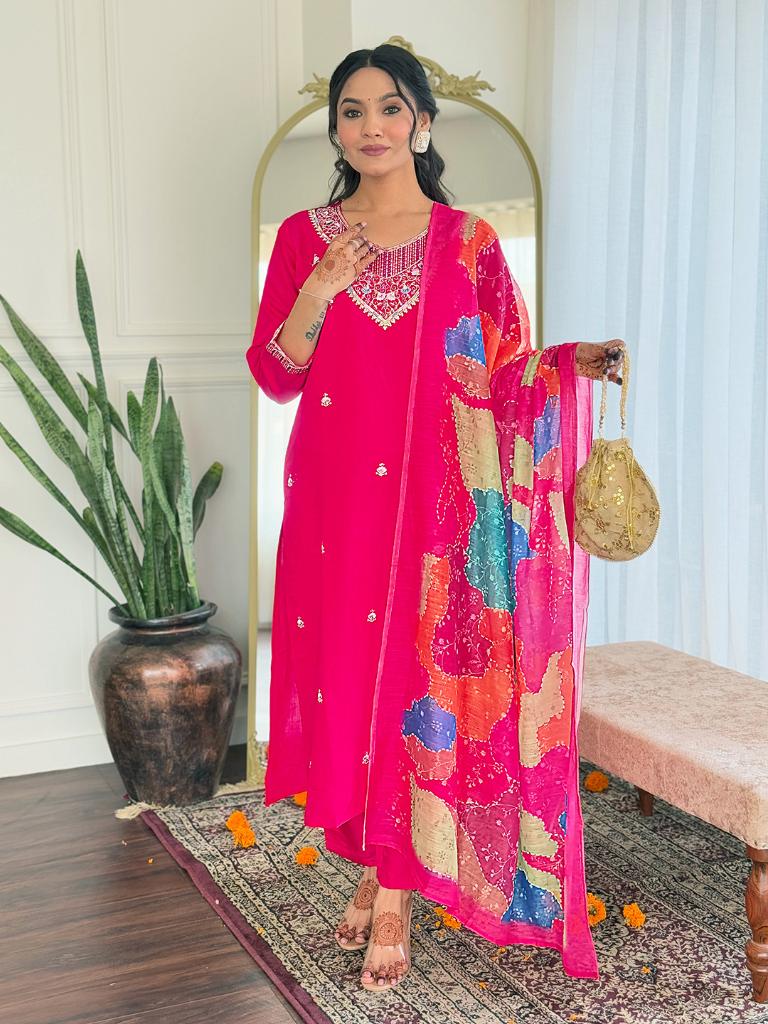 Women Fuchsia Pink Embroidered Kurta Pant Set with Printed Dupatta