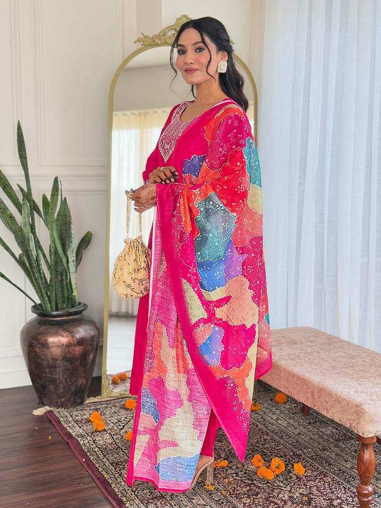Women Fuchsia Pink Embroidered Kurta Pant Set with Printed Dupatta