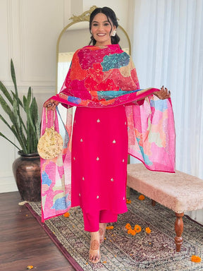 Women Fuchsia Pink Embroidered Kurta Pant Set with Printed Dupatta