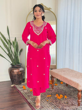 Women Fuchsia Pink Embroidered Kurta Pant Set with Printed Dupatta