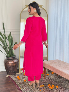 Women Fuchsia Pink Embroidered Kurta Pant Set with Printed Dupatta