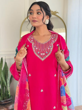 Women Fuchsia Pink Embroidered Kurta Pant Set with Printed Dupatta