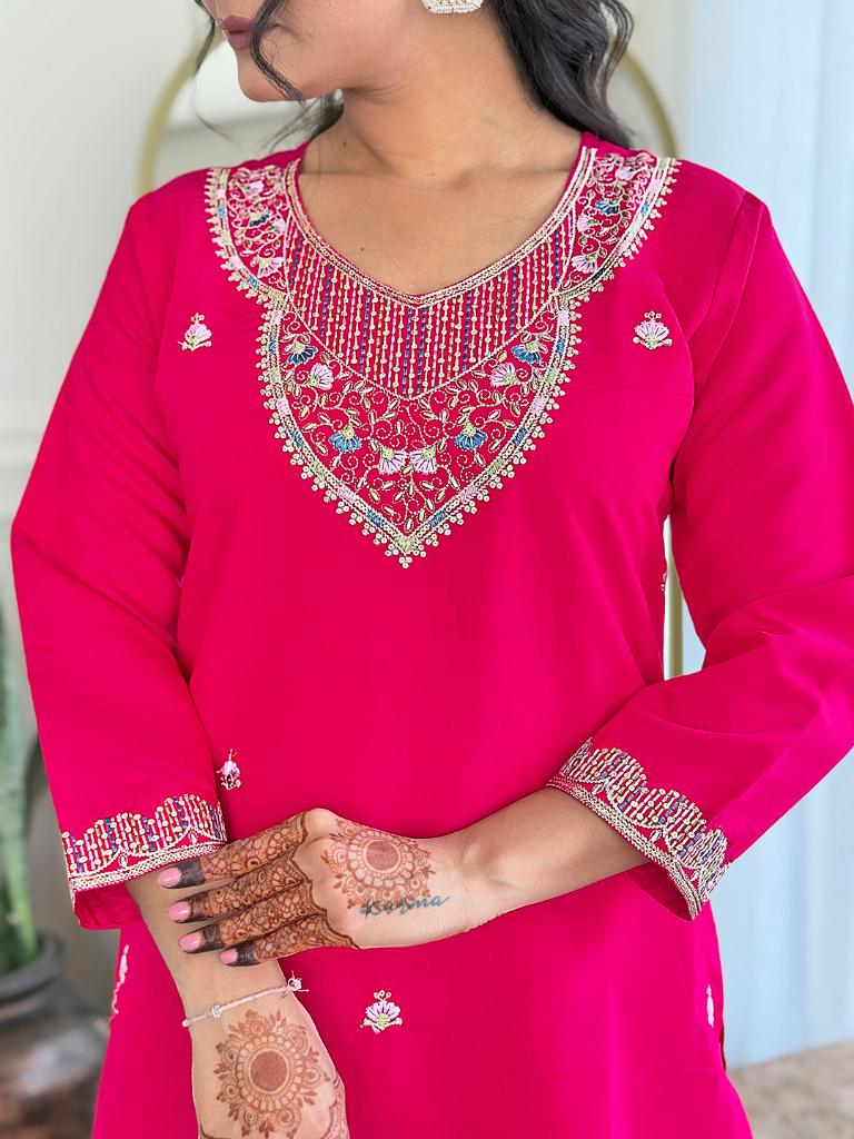 Women Fuchsia Pink Embroidered Kurta Pant Set with Printed Dupatta