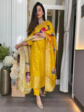 Women Yellow Embroidered Kurta Pant Set with Floral Printed Dupatta