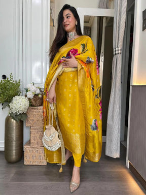 Women Yellow Embroidered Kurta Pant Set with Floral Printed Dupatta