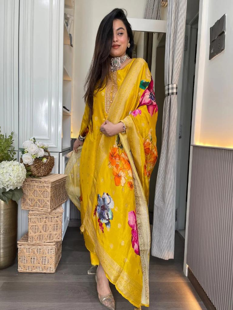 Women Yellow Embroidered Kurta Pant Set with Floral Printed Dupatta