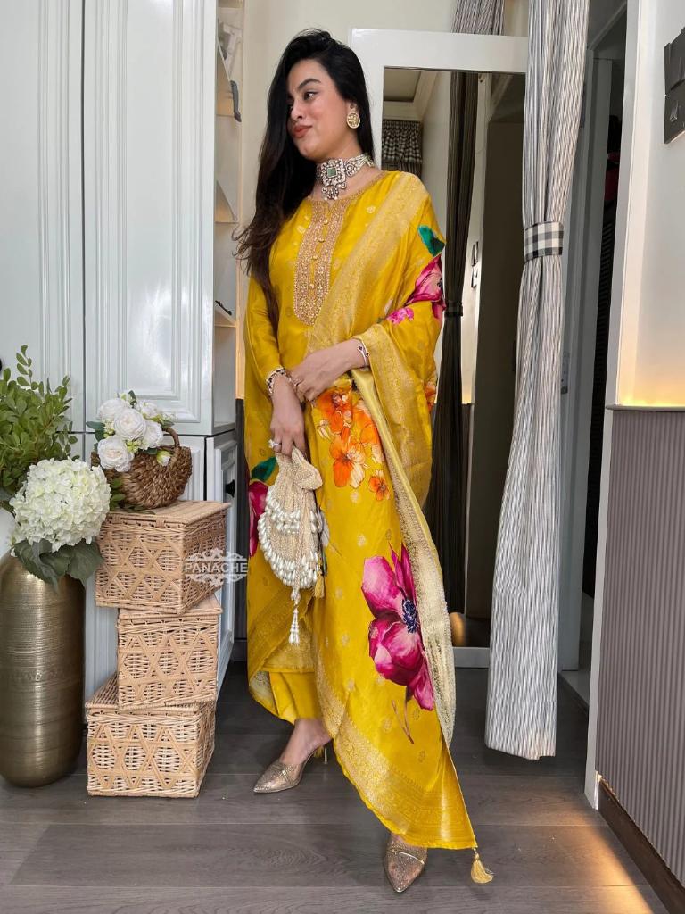 Women Yellow Embroidered Kurta Pant Set with Floral Printed Dupatta