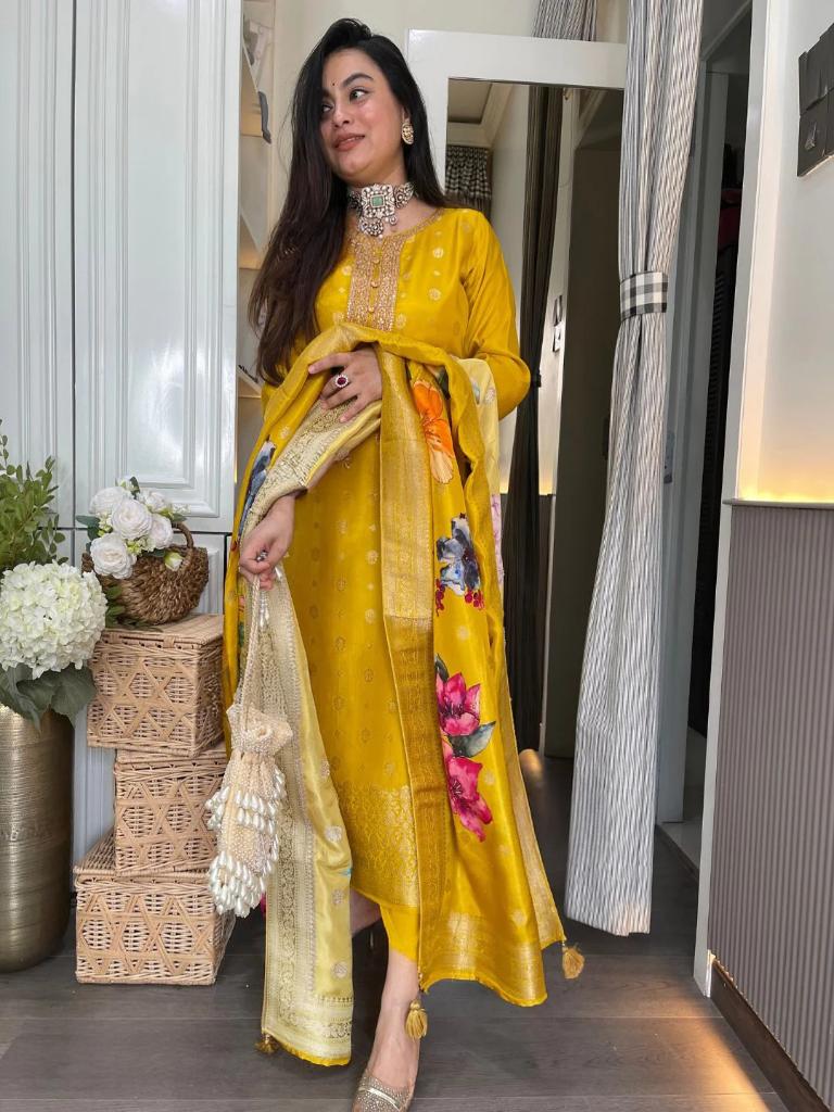 Women Yellow Embroidered Kurta Pant Set with Floral Printed Dupatta