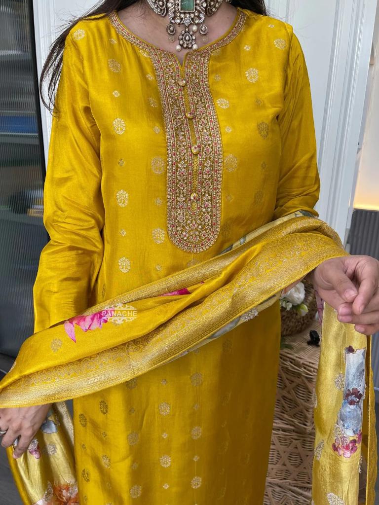 Women Yellow Embroidered Kurta Pant Set with Floral Printed Dupatta