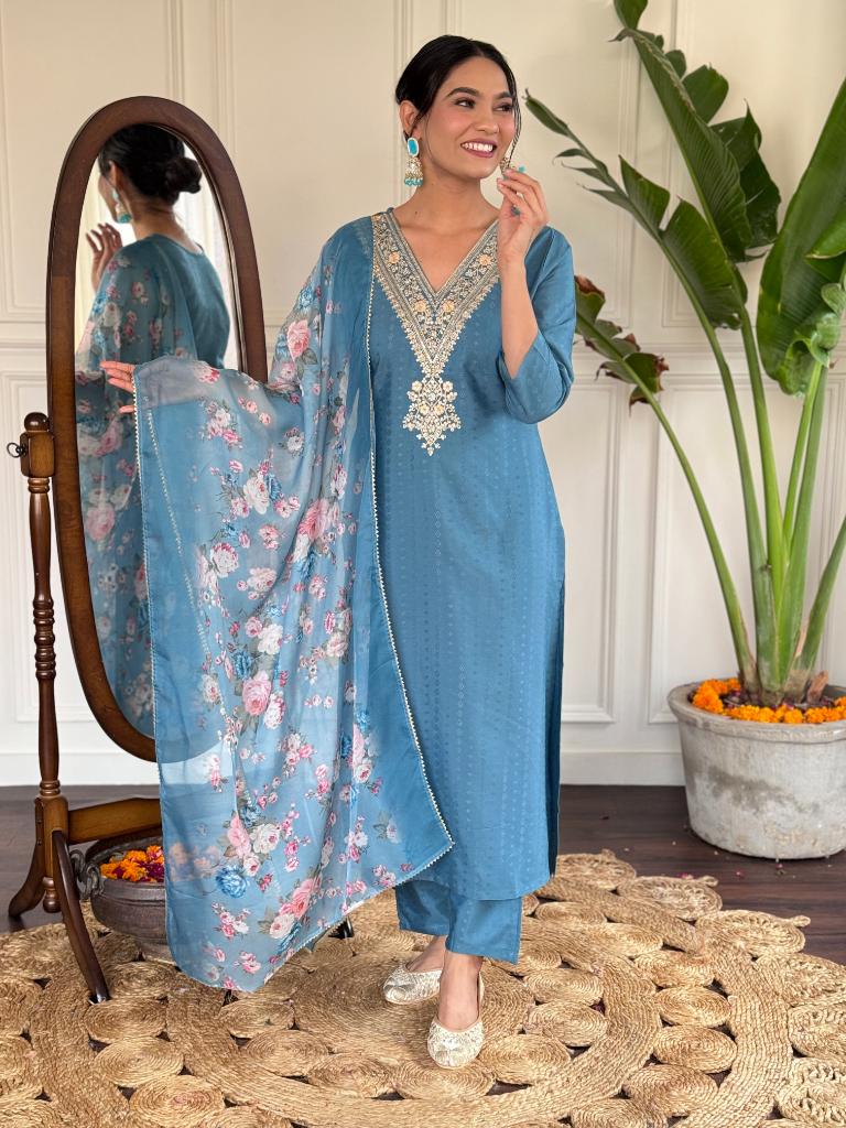 Women’s Blue Embroidered Kurta Set with Floral Printed Dupatta & Pants