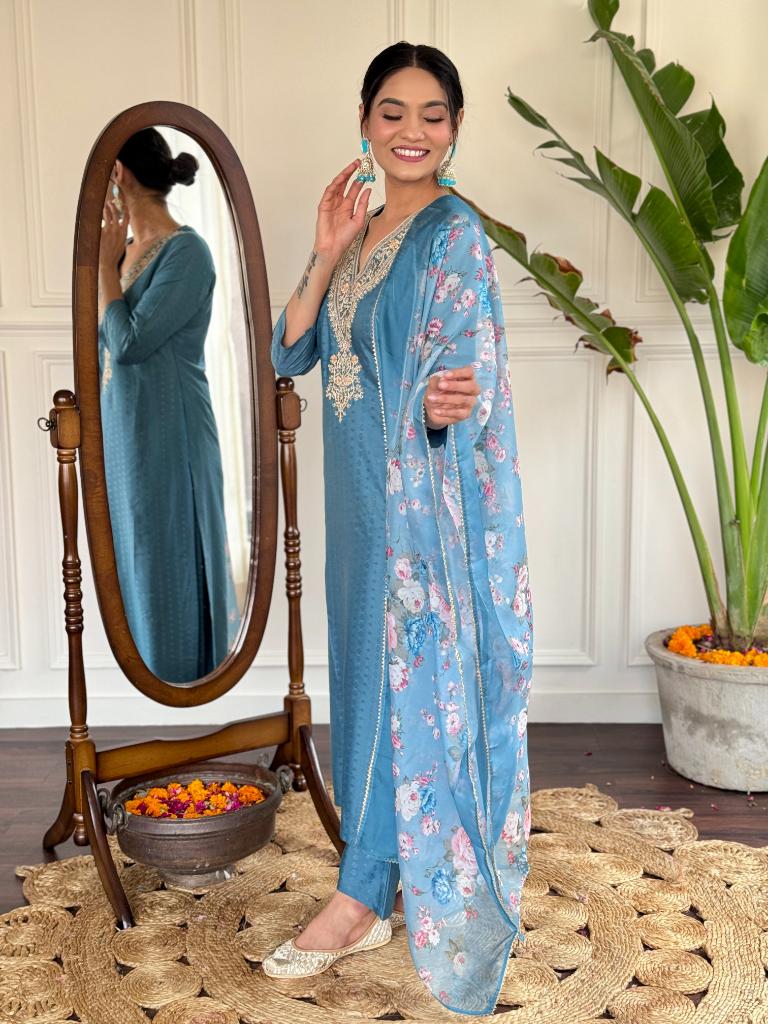 Women’s Blue Embroidered Kurta Set with Floral Printed Dupatta & Pants