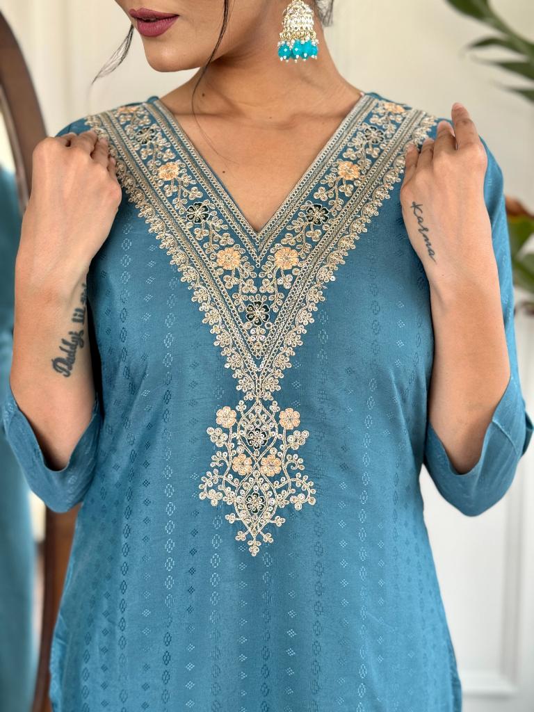 Women’s Blue Embroidered Kurta Set with Floral Printed Dupatta & Pants