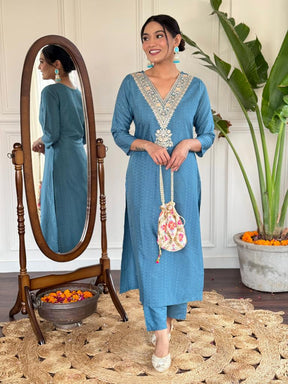 Women’s Blue Embroidered Kurta Set with Floral Printed Dupatta & Pants