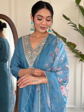 Women’s Blue Embroidered Kurta Set with Floral Printed Dupatta & Pants