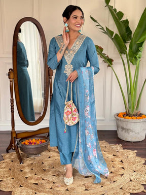 Women’s Blue Embroidered Kurta Set with Floral Printed Dupatta & Pants
