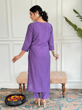 Women’s Purple Embroidered Kurta Set with Dupatta & Pants
