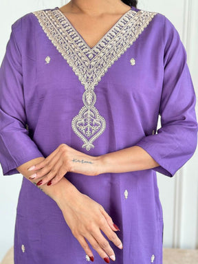 Women’s Purple Embroidered Kurta Set with Dupatta & Pants