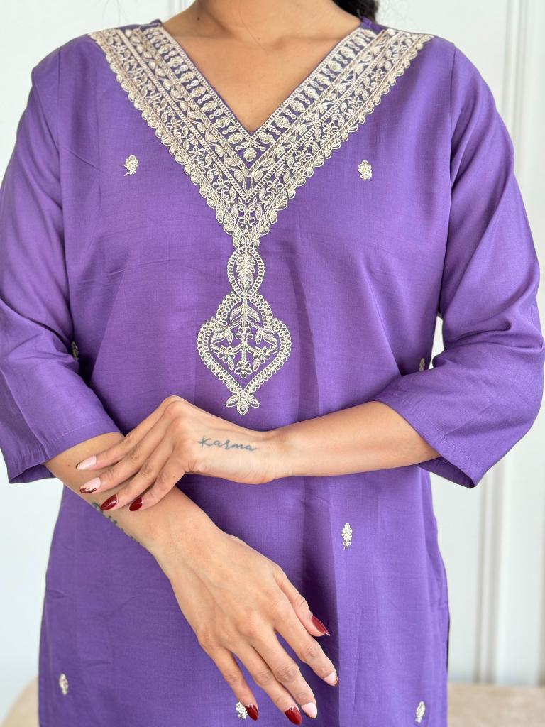 Women’s Purple Embroidered Kurta Set with Dupatta & Pants