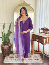 Women’s Purple Embroidered Kurta Set with Printed Dupatta & Pants